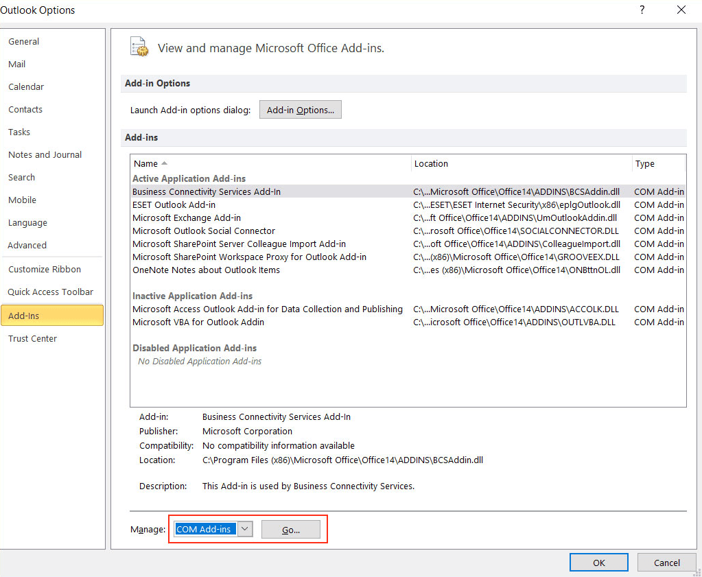 Select COM Add-ins Select COM Add-ins