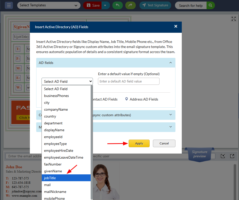 Select the desired AD field Select the desired AD field