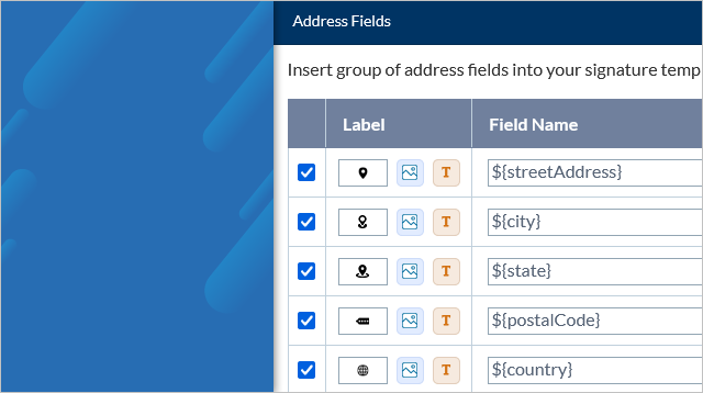 How to use Address fields in Signature
